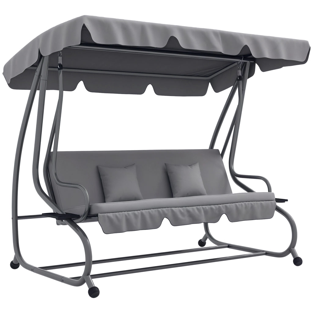 Dondolo da Giardino 2 in 1 con Funzione Letto, Tetto Regolabile, in Acciaio, 200x120x164 cm, Grigio, Portata 340 kg