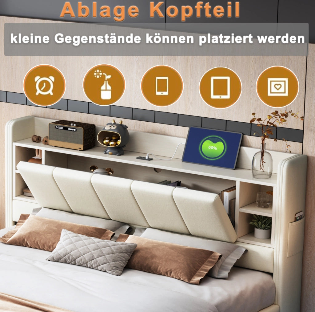 Letto matrimoniale imbottito 140x200 cm beige con LED e USB
