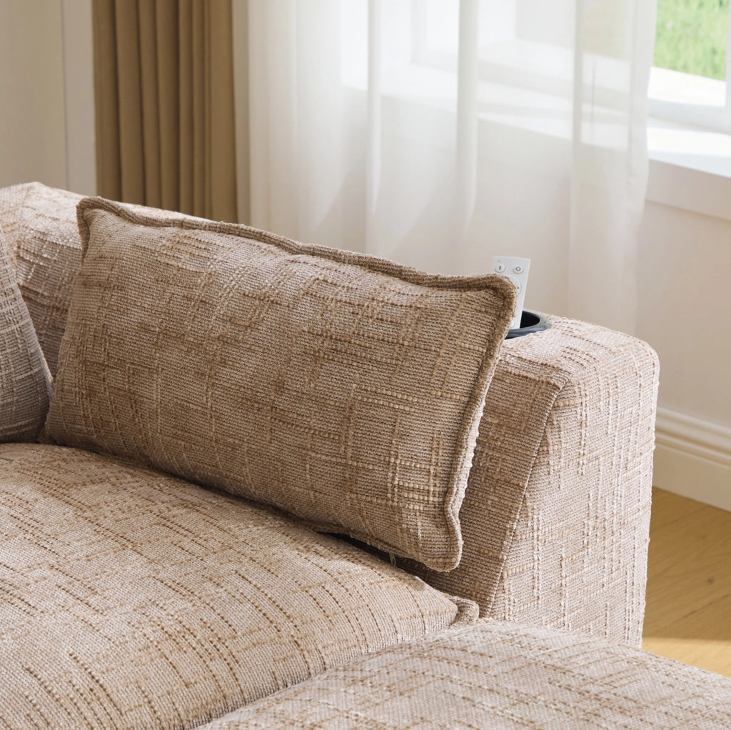 Divano modulare a 4 posti con 2 pouf, tessuto chenille kaki, cuscini, portabicchieri e tasche laterali
