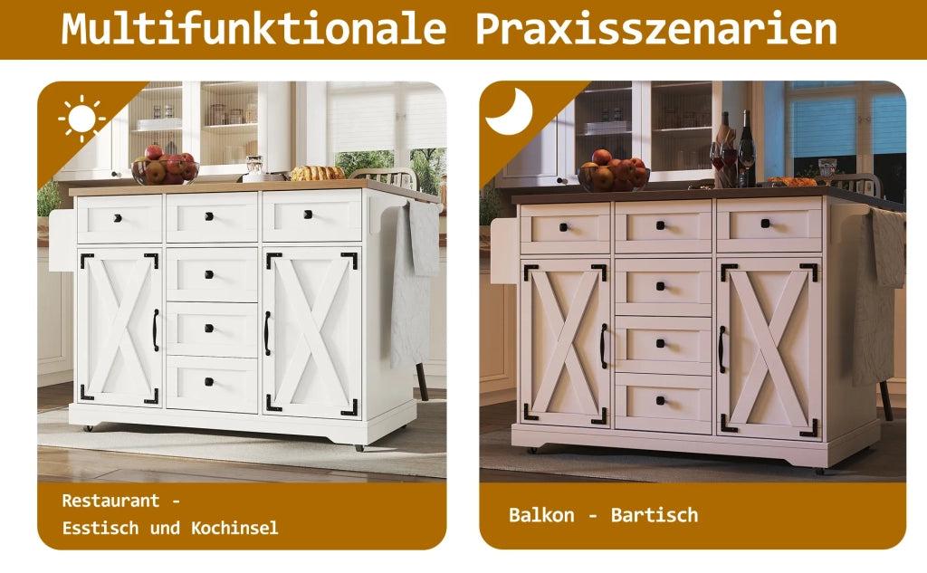 Isola da cucina bianca con finitura effetto legno, carrello portavivande multifunzione mobile con ampio spazio contenitore per cucina, soggiorno e sala da pranzo