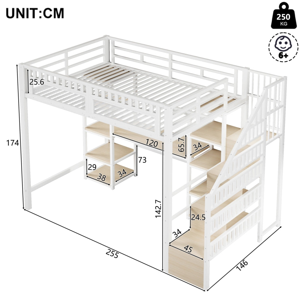 Letto a soppalco 140x200 cm con scrivania; scala contenitore; LED e USB bianco HOMVRA