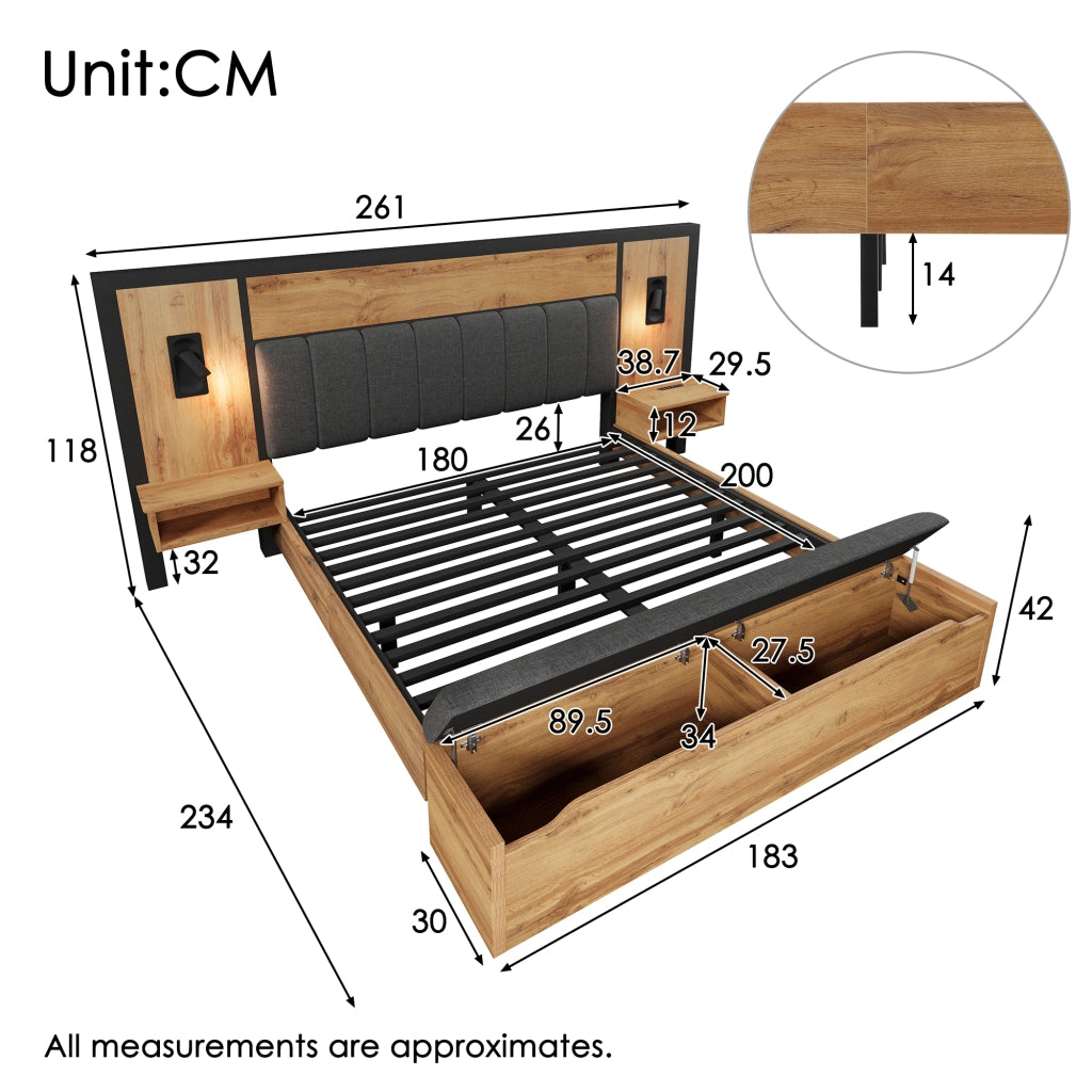 Letto 180x200 cm con comodini; panca contenitore; luci di lettura e USB/Type-C; effetto rovere