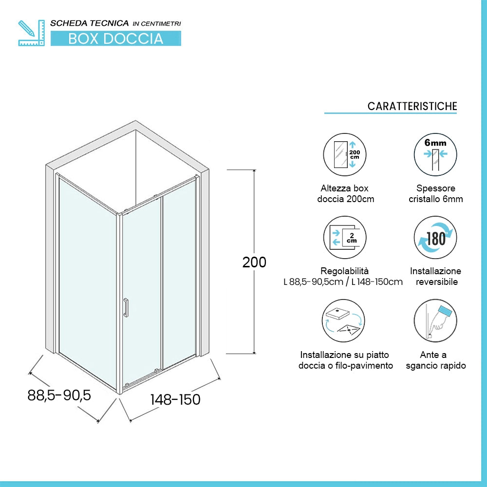 Box doccia angolare 90x150 con porta scorrevole in vetro trasparente Ted