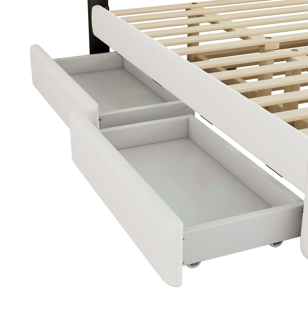 Letto matrimoniale imbottito 140x200 cm con letto estraibile, 2 cassetti e comodino con striscia luminosa, bianco