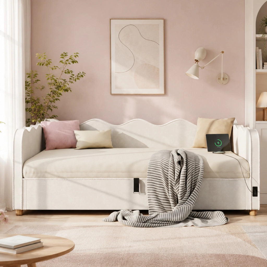 Letto per bambini 90x200 cm imbottito con vano contenitore idraulico; USB e Type-C; velluto beige