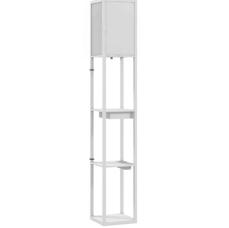 Lampada da terra bianca in MDF con 3 ripiani, interruttore a pedale e porte USB