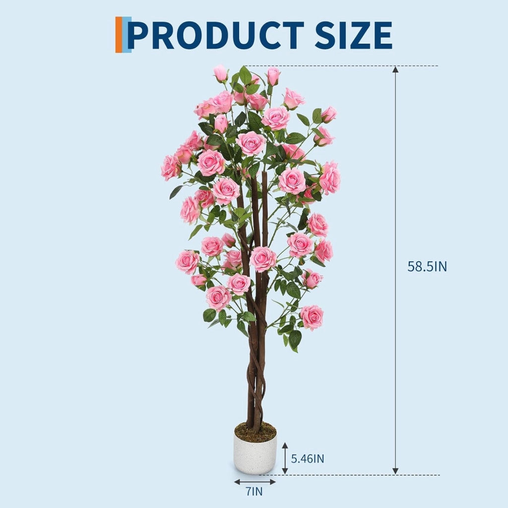 Albero di Rose Artificiali 150 cm con Tronco in Legno e Vaso per Casa e Giardino