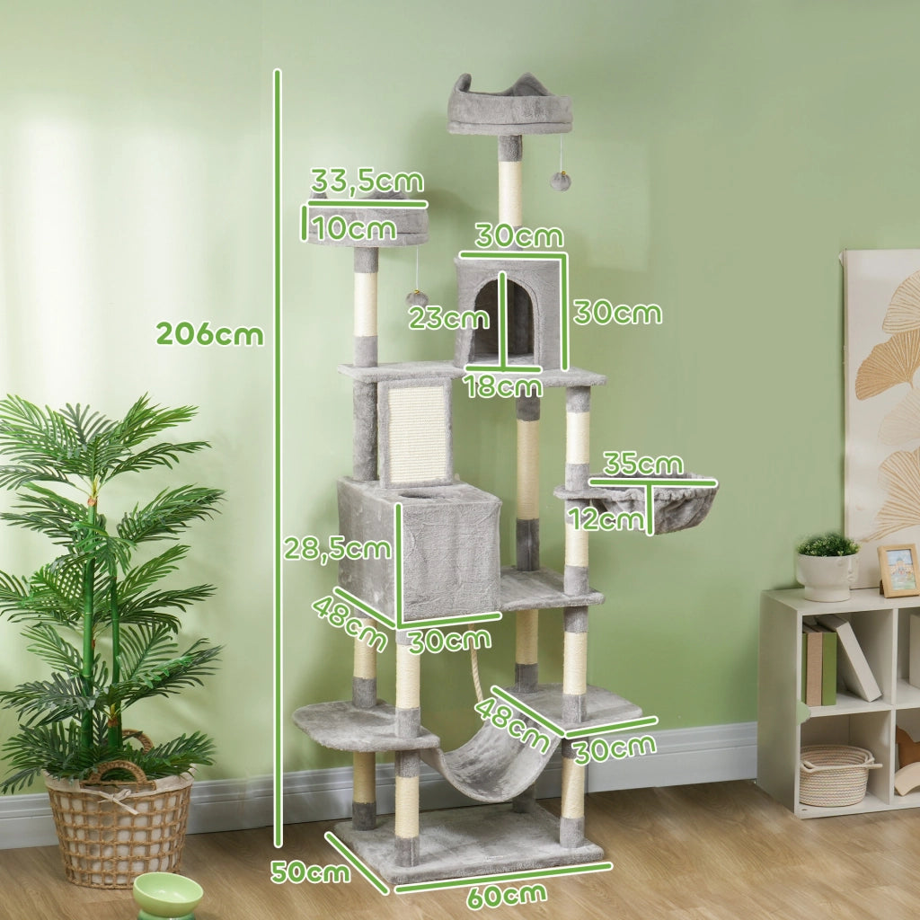 Albero per Gatti 60x50x206A cm con 4 Pali Graffiatoi Cesti Amache per 1-3 Gatti 6 kg in Peluche e Sisal Grigio Chiaro