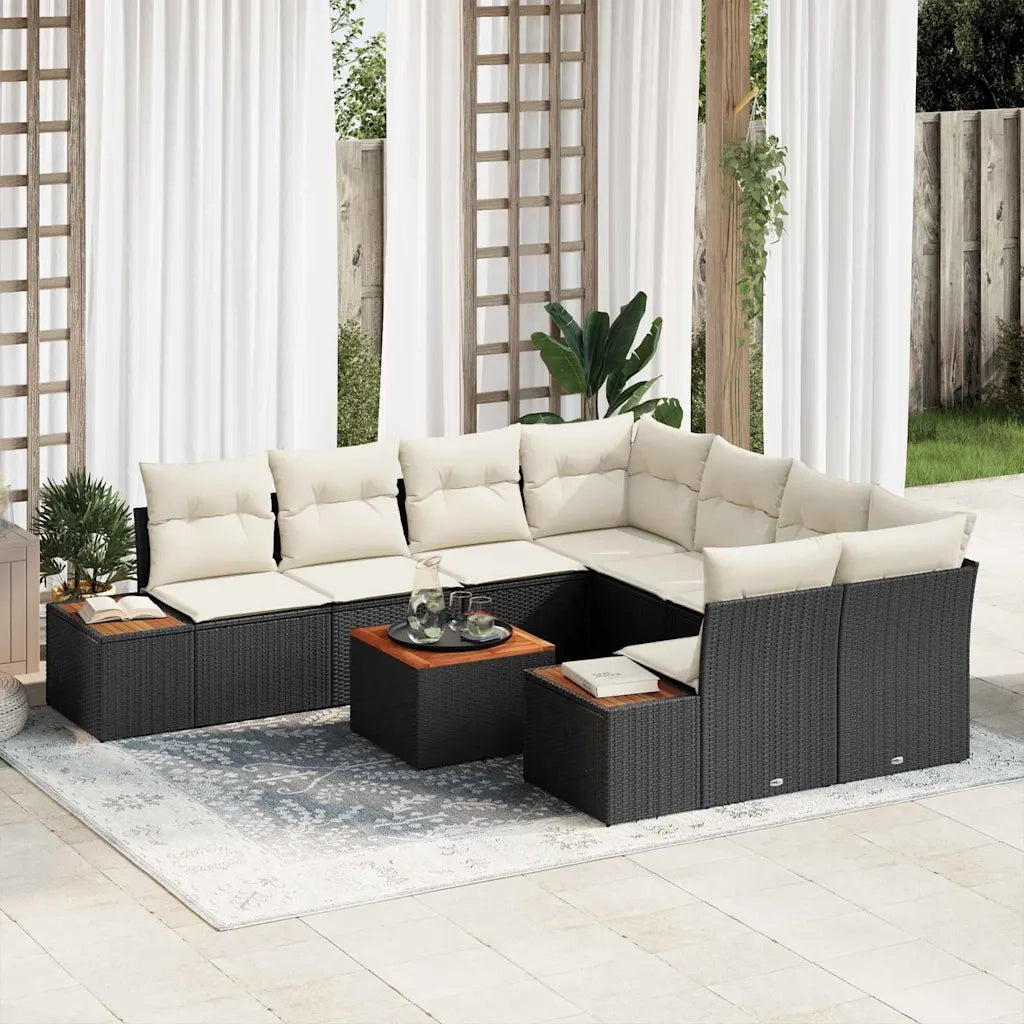 Set Divano da Giardino con cuscino 9 pcs Nero Poly Rattan