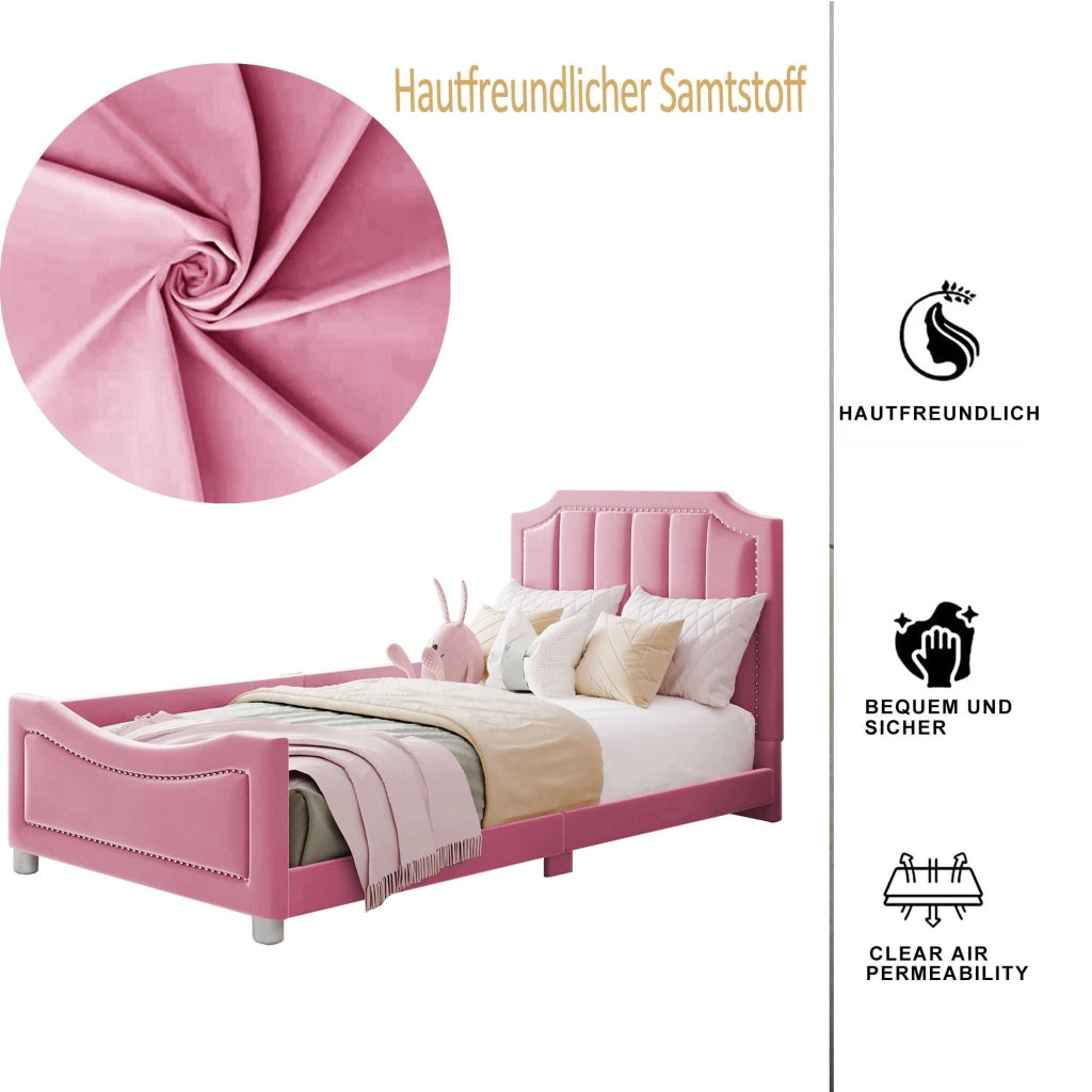Letto singolo imbottito 90x200 cm rosa con schienale e braccioli, senza materasso