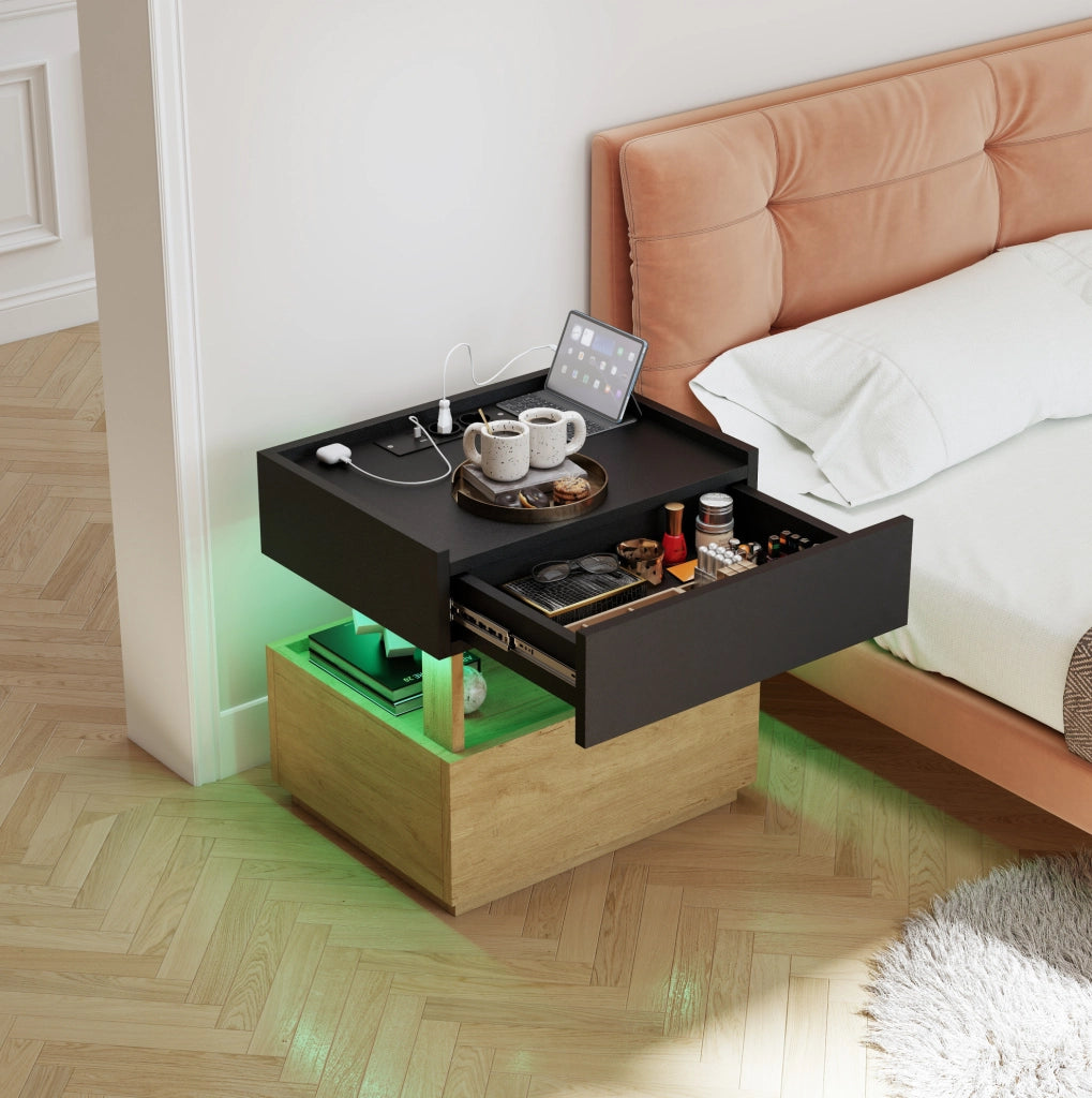 Comodino smart con ricarica wireless, LED, USB e 2 cassetti