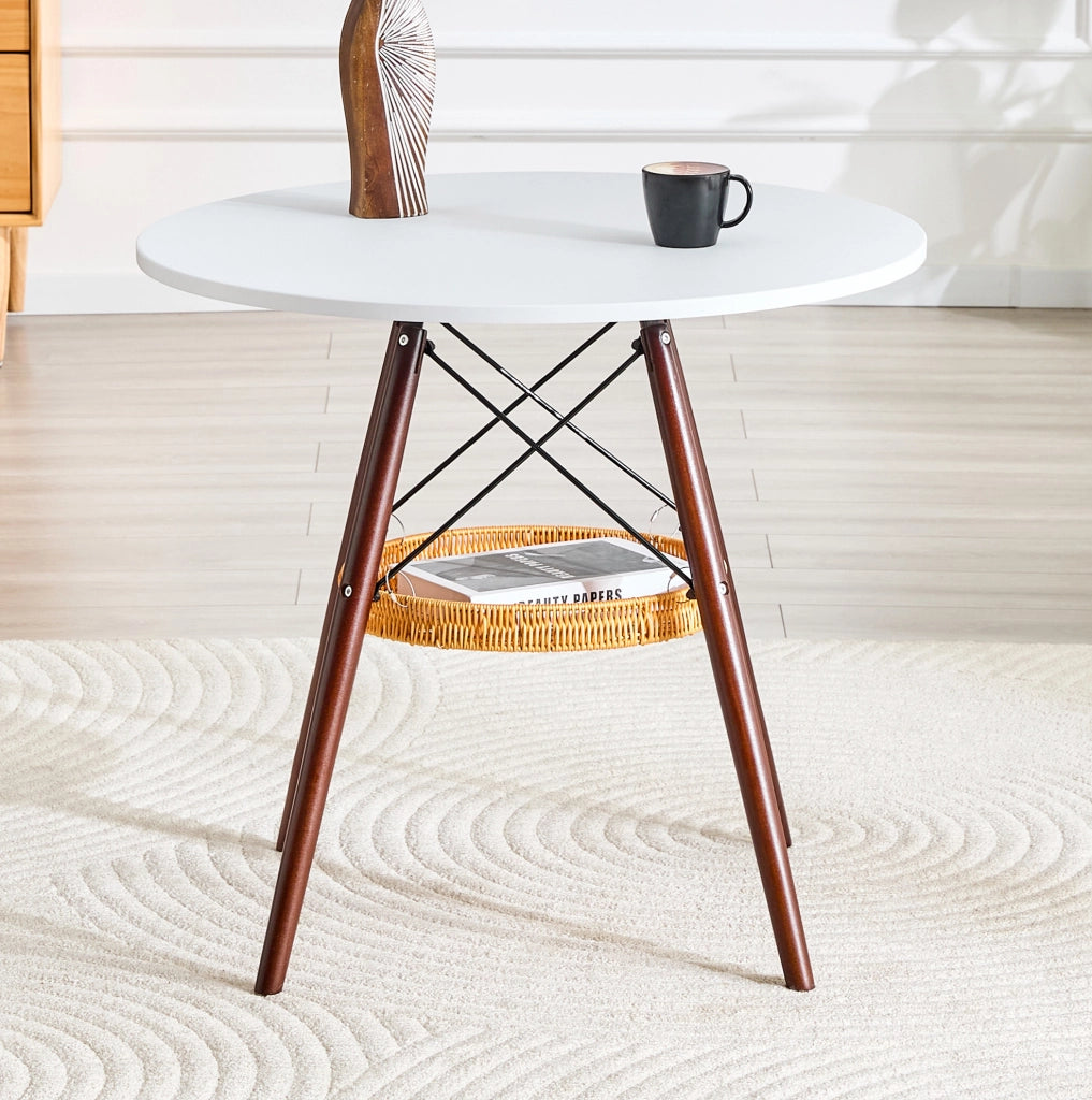 Tavolo da pranzo rotondo Ø80 cm bianco e noce con cestino