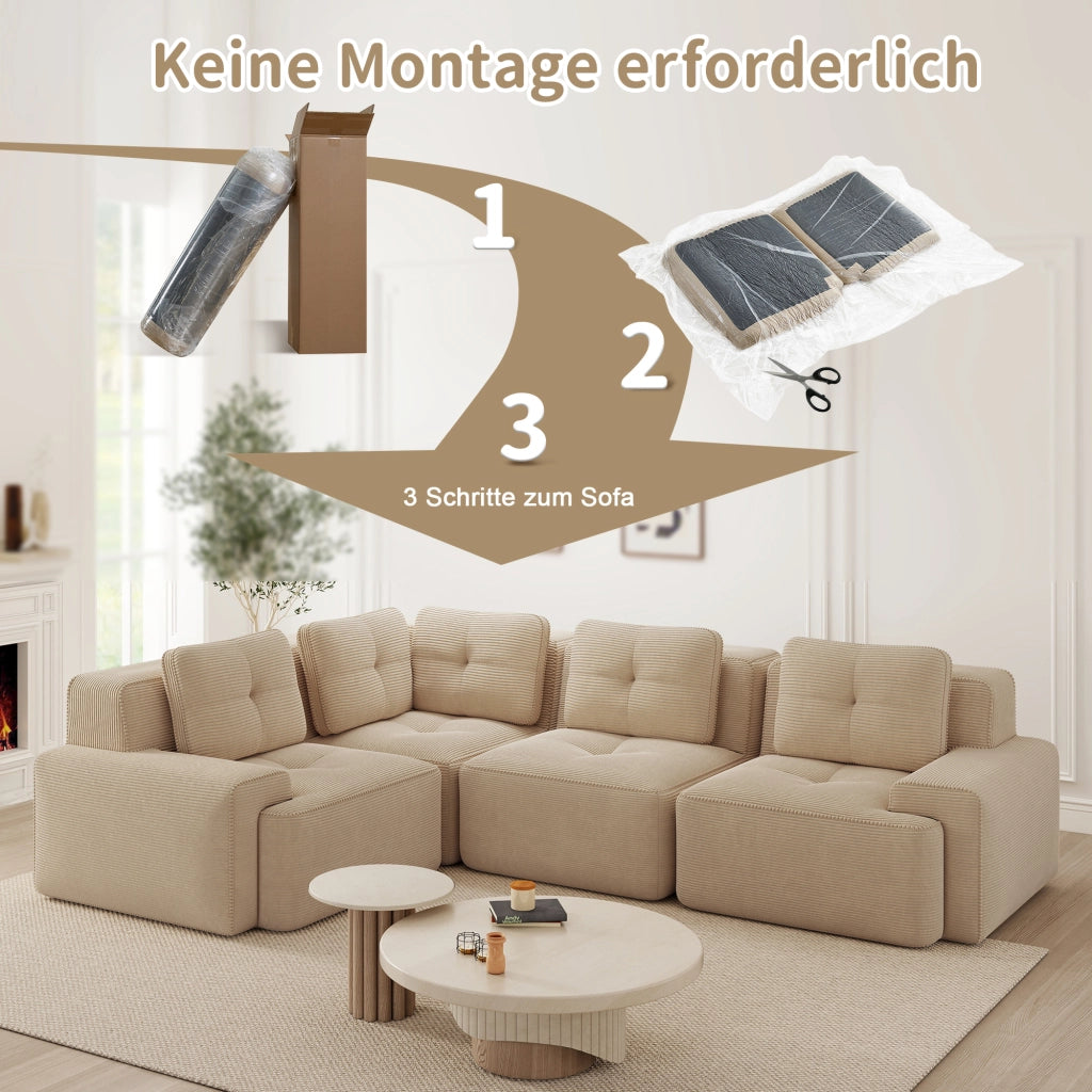 Divano angolare modulare compresso in velluto a coste beige con seduta bassa braccioli larghi e base antiscivolo 295 × 206 × 69 cm