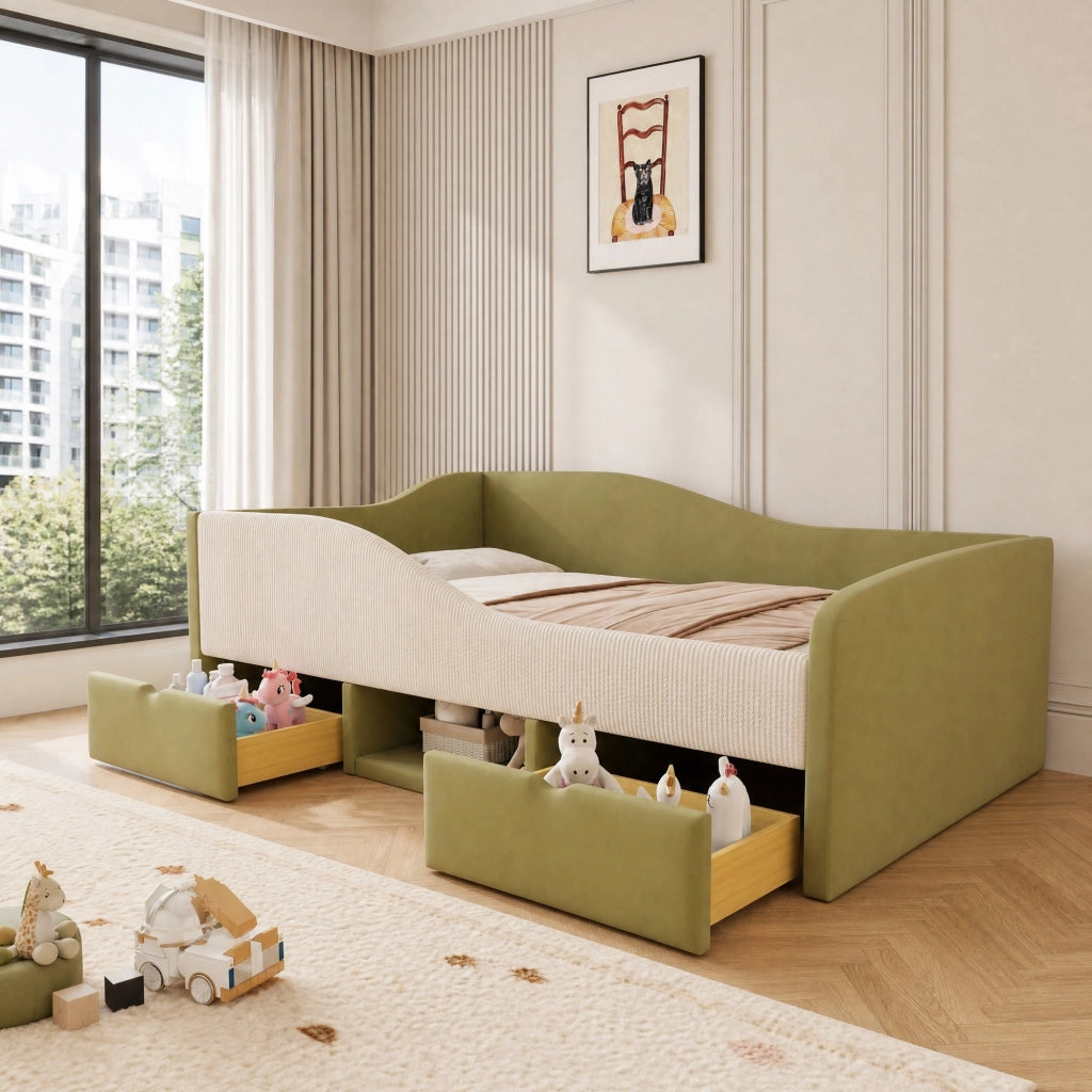 Divano letto imbottito 90x190 cm con 2 cassetti; velluto verde e avorio