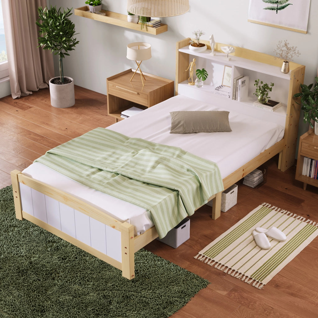 Letto singolo 90 × 200 cm con testiera contenitore e rete a doghe in legno bianco