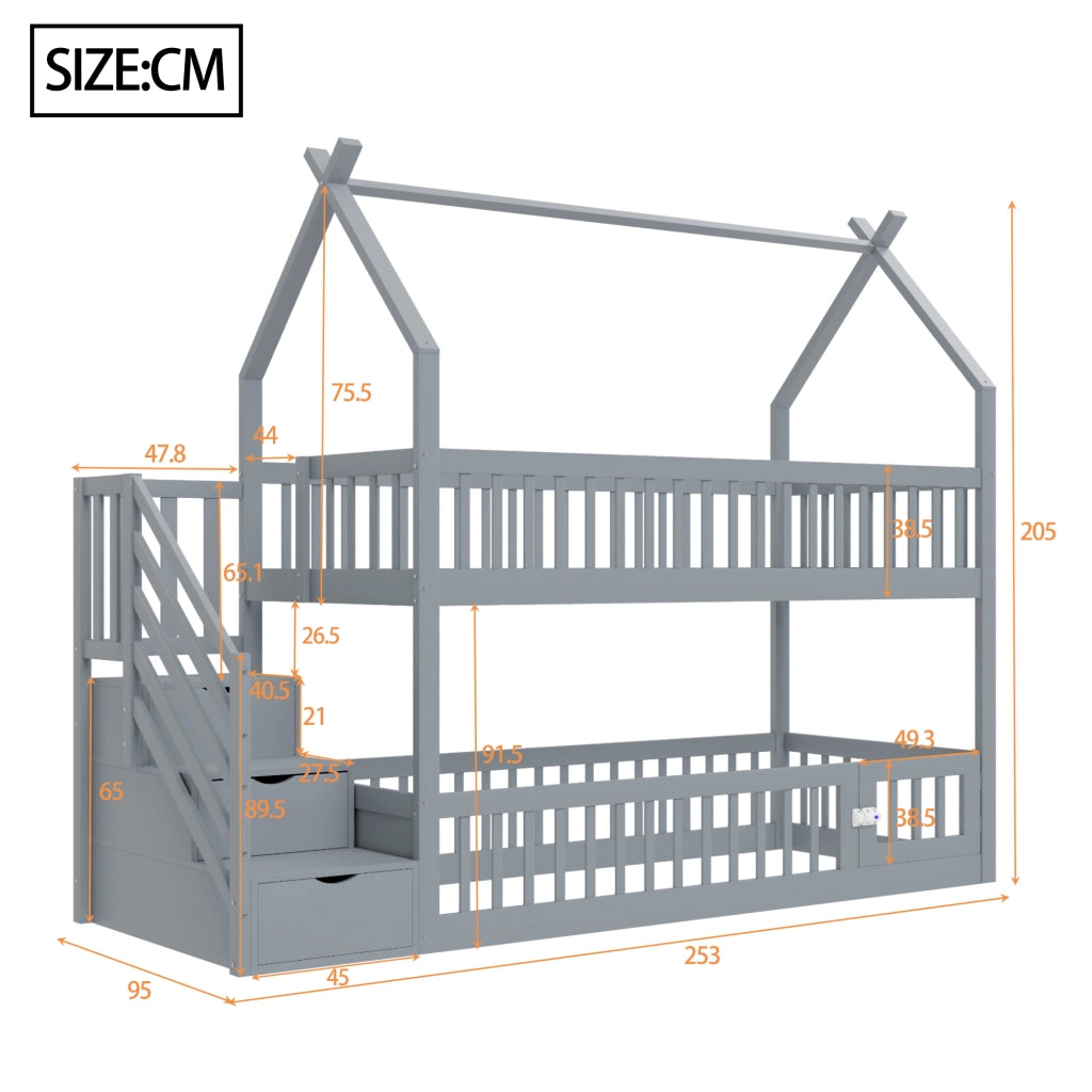 Letto a castello 90x200 in legno massello grigio con tetto e scale di sicurezza