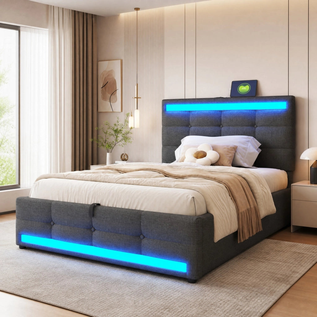 Letto imbottito LED con USB e contenitore visivo moderno