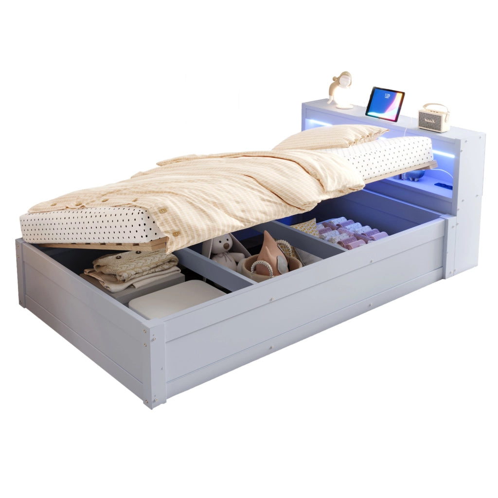 Letto singolo multifunzionale 90x200 cm in legno massello con contenitore idraulico, strisce LED colorate e presa elettrica integrata, grigio