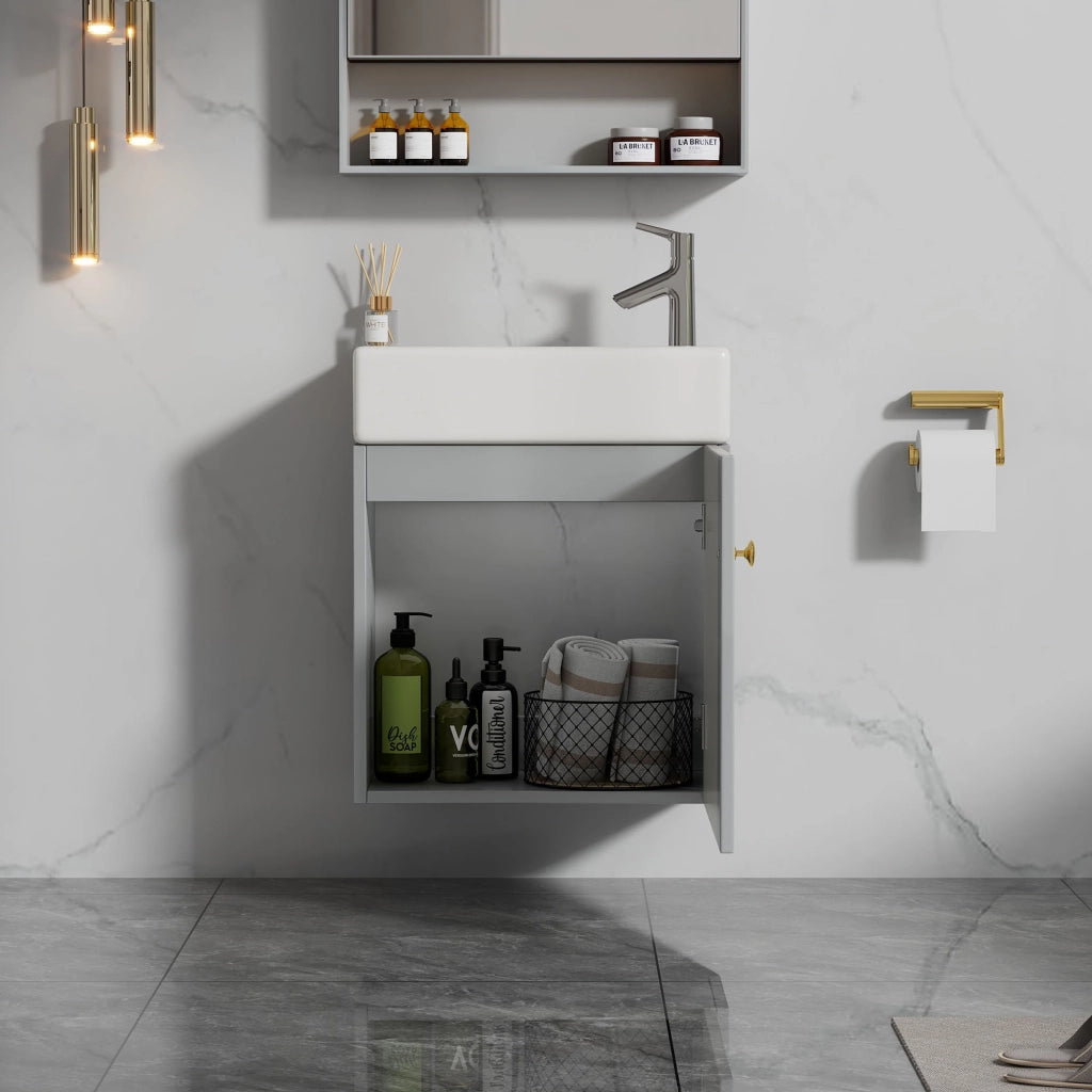 Mobile Bagno Sospeso con Lavabo 46 cm; Anta con Motivo 3D; MDF; Grigio e Bianco