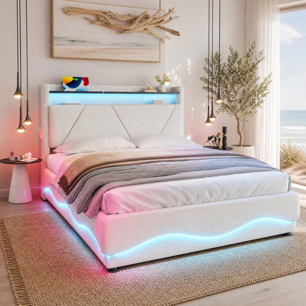 Letto imbottito 140x200 cm beige con LED, USB-C e contenitore