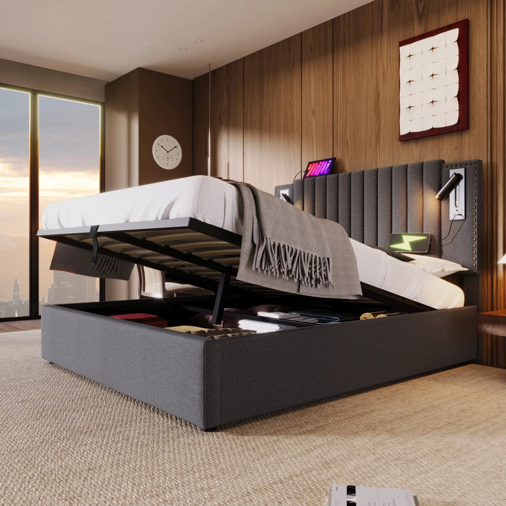 LETTO Contenitore 140x200 cm Grigio con testiera regolabile, luci lettura e USB