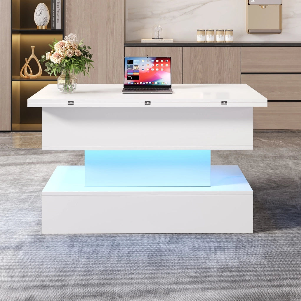Tavolino elevabile bianco con LED, prese integrate e vano contenitore