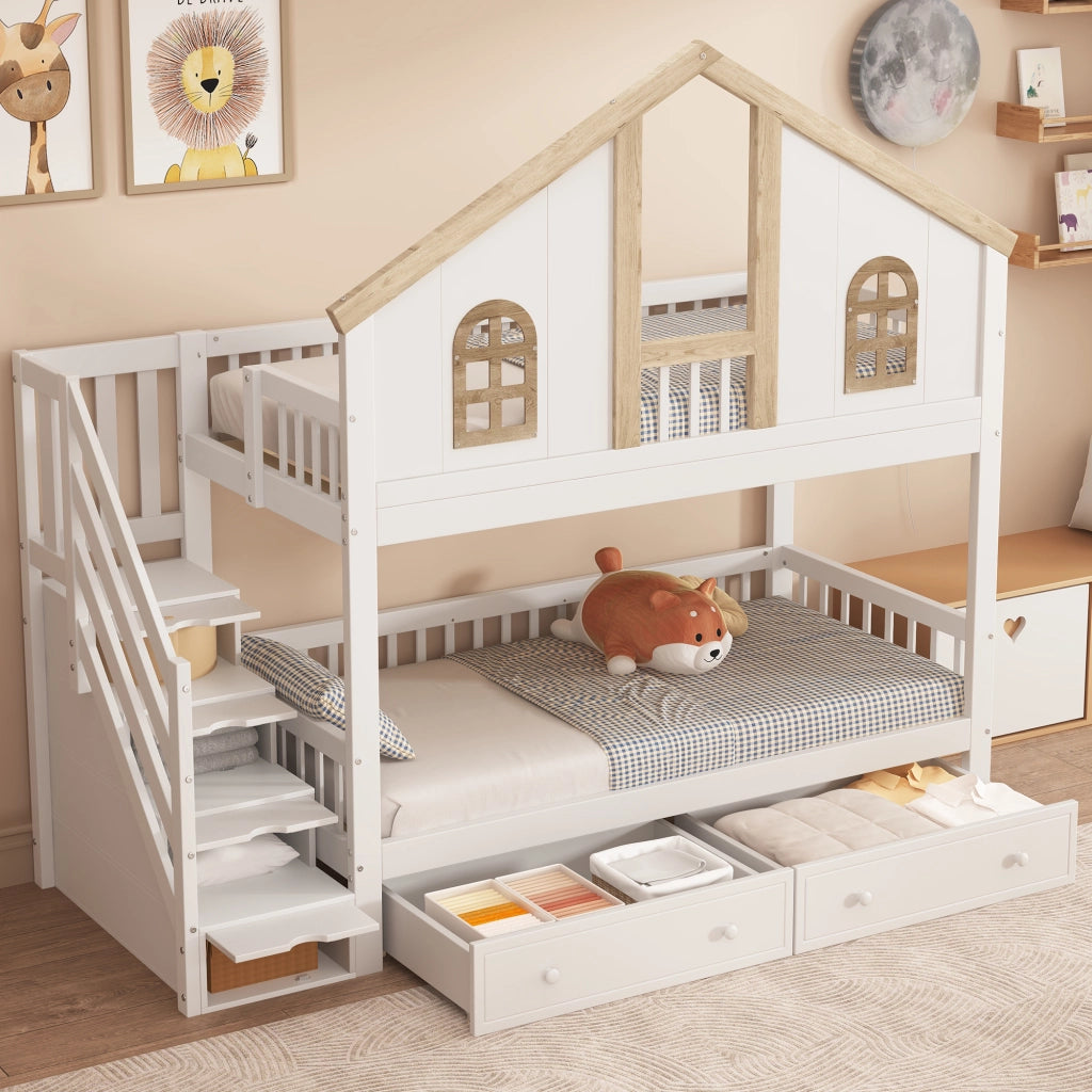 Letto a castello per bambini 90 x 200 cm a casetta; pino e MDF; scala contenitore; bianco e legno naturale