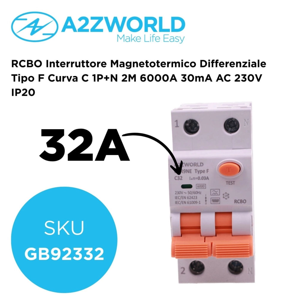 RCBO Interruttore Magnetotermico Differenziale Tipo F Curva C 1P+N 2M 6000A 30mA AC 230V IP20 Corrente Disponibili 6A 10A 16A 20A 25A 32A 40A 50A 63A (C32A)
