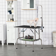 Tavolo da toelettatura per cani con braccio regolabile e cestello in acciaio inox nero 90 × 60 × 75 cm
