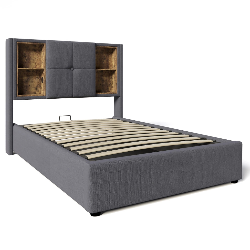 Letto Singolo 90x200 Imbottito Grigio con Contenitore e Ricarica Wireless