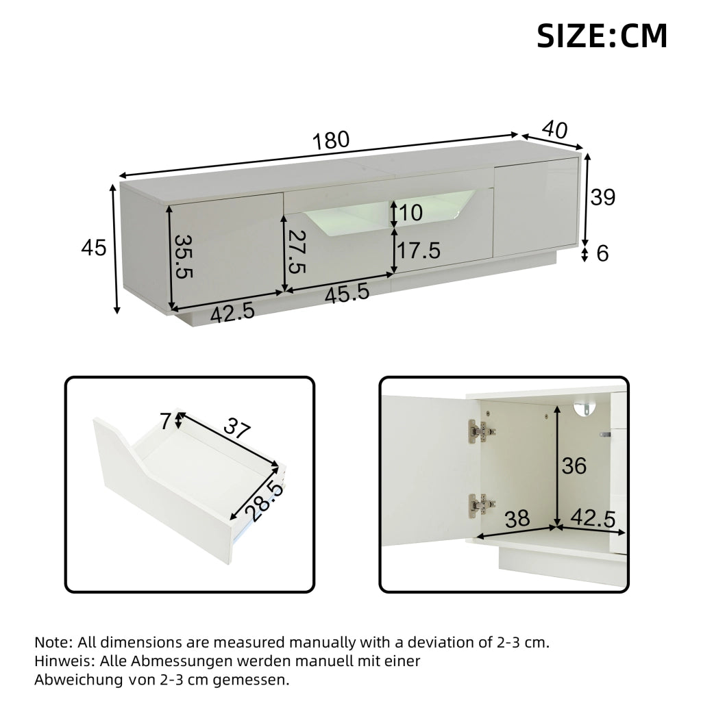 Mobile TV 180x40x45 cm con 2 cassetti; 2 armadietti e LED; bianco