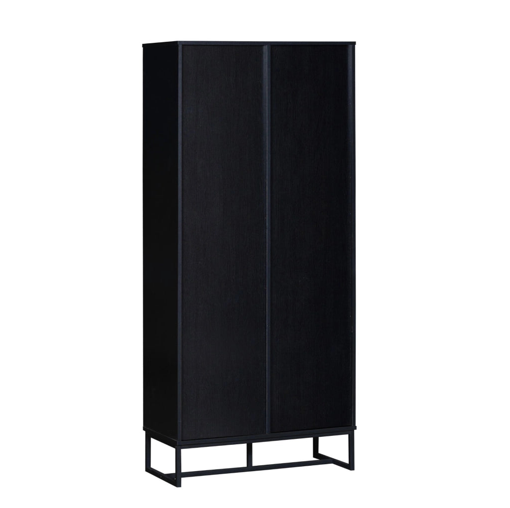 Mobile Highboard 80x40x180 cm in Legno Chiaro con Struttura Nera, 1 Porta, 2 Cassetti e 3 Ripiani Aperti