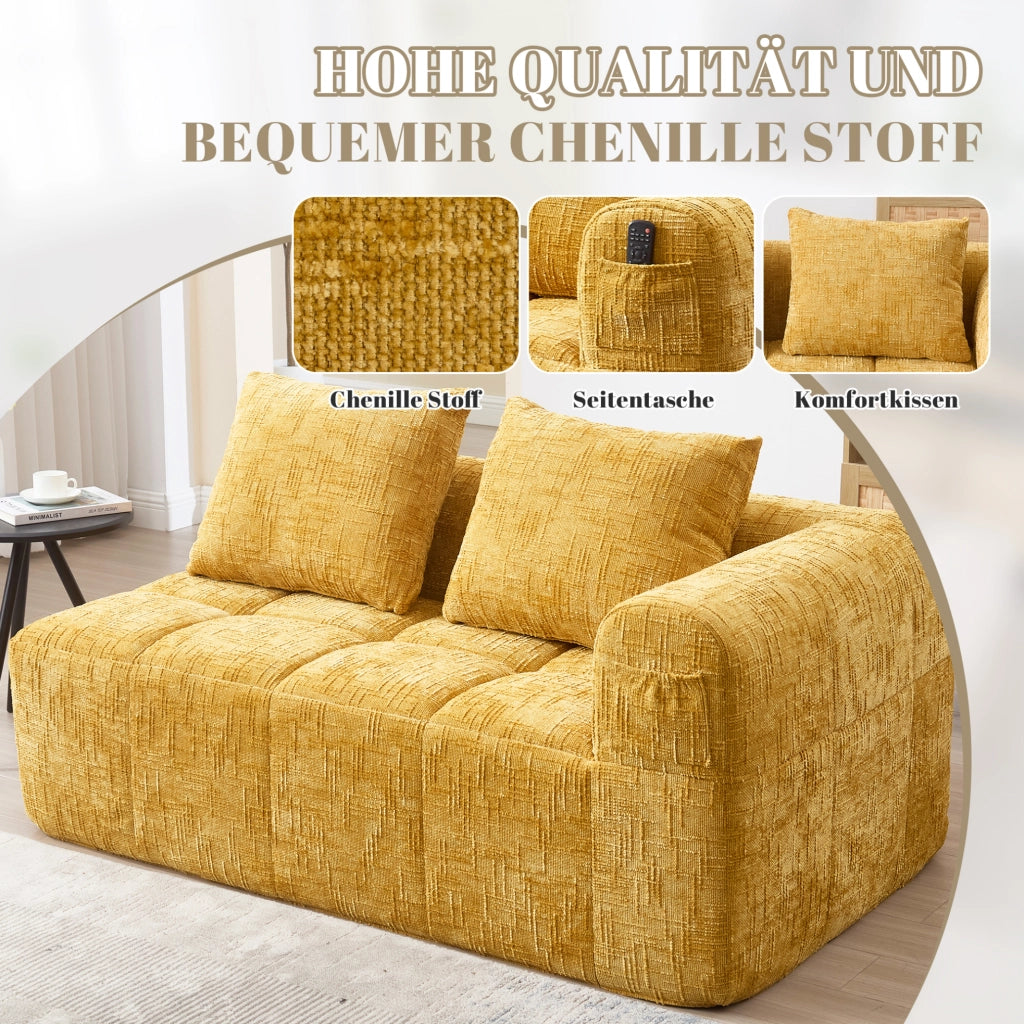 Divano 2 posti con chaise longue, tessuto chenille giallo, con cuscino e tasche laterali