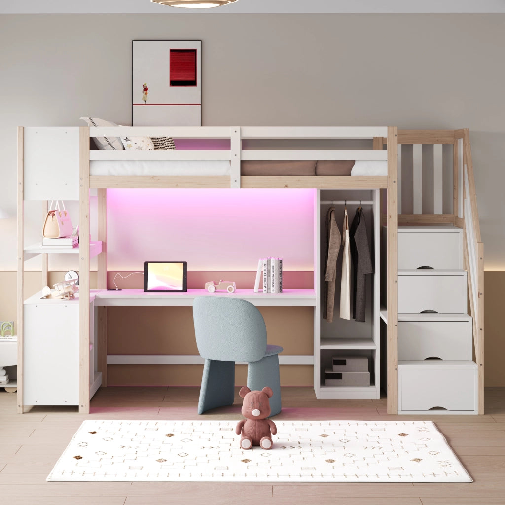 Letto a soppalco 90 × 200 cm con scrivania, armadio, scale contenitore e LED, senza materasso, bianco naturale