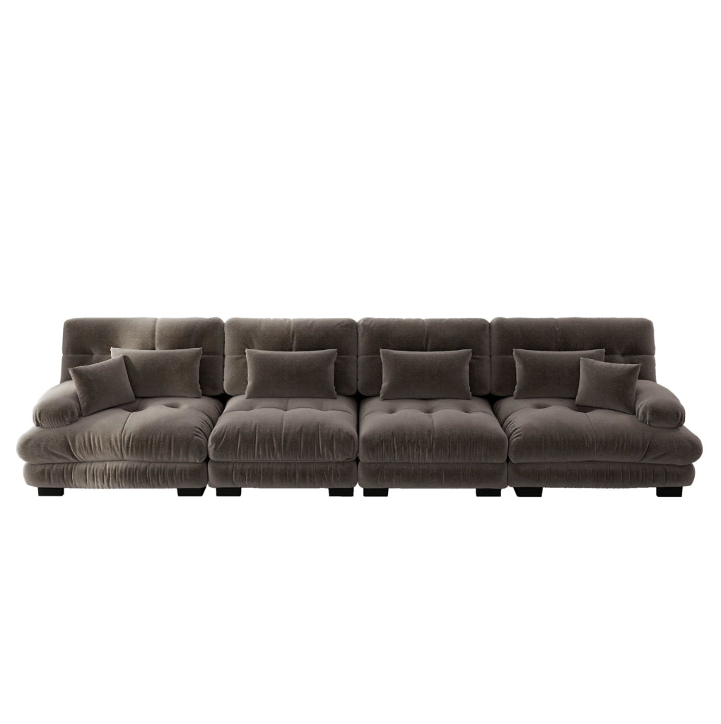 Divano angolare modulare 406x77x81 cm in ciniglia marrone, seduta profonda