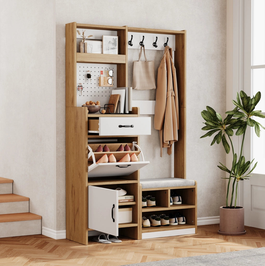 Guardaroba moderno per ingresso con scarpiera, panca imbottita, appendiabiti, cassetto, anta, vano a ribalta e ripiani aperti, rovere/bianco, 108,5 x 35 x 180 cm