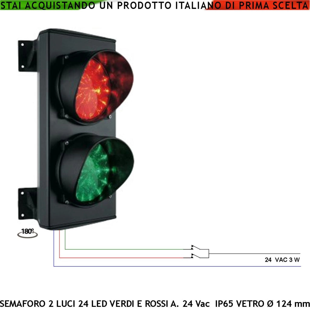 Semaforo Autolavaggio 2 Luci Led Schede 24 Led Rossi e 24 Led Verdi Alimentazione 24 Vac 3 W Vetri Effetto Lente Ø 124 mm IP65 Luce Puntiforme Orientabile Orizzontale 180° Comando Manuale Presidio