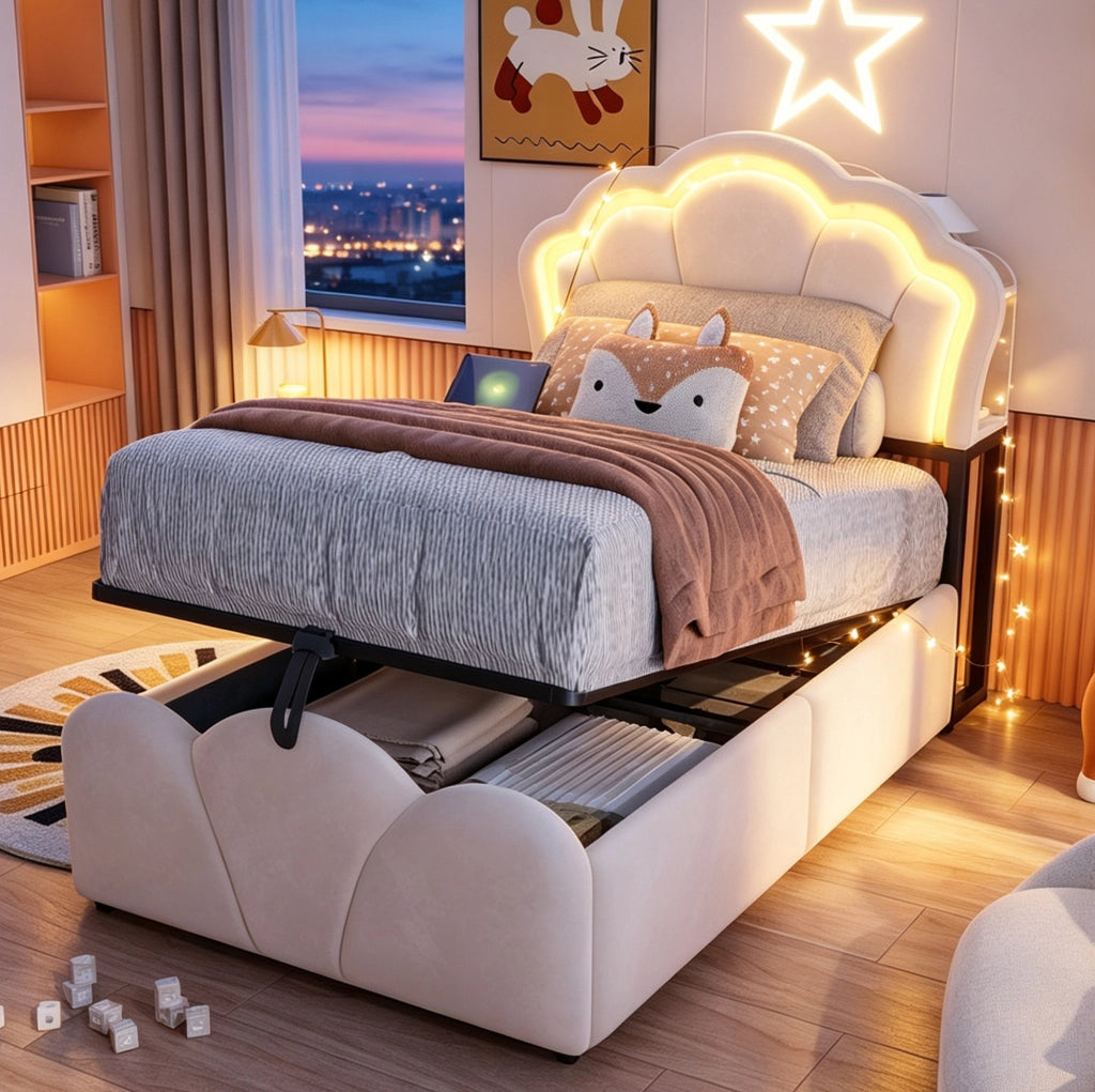 Letto singolo imbottito ULEVR 90x200 cm con contenitore idraulico, LED, prese integrate e rivestimento in velluto beige