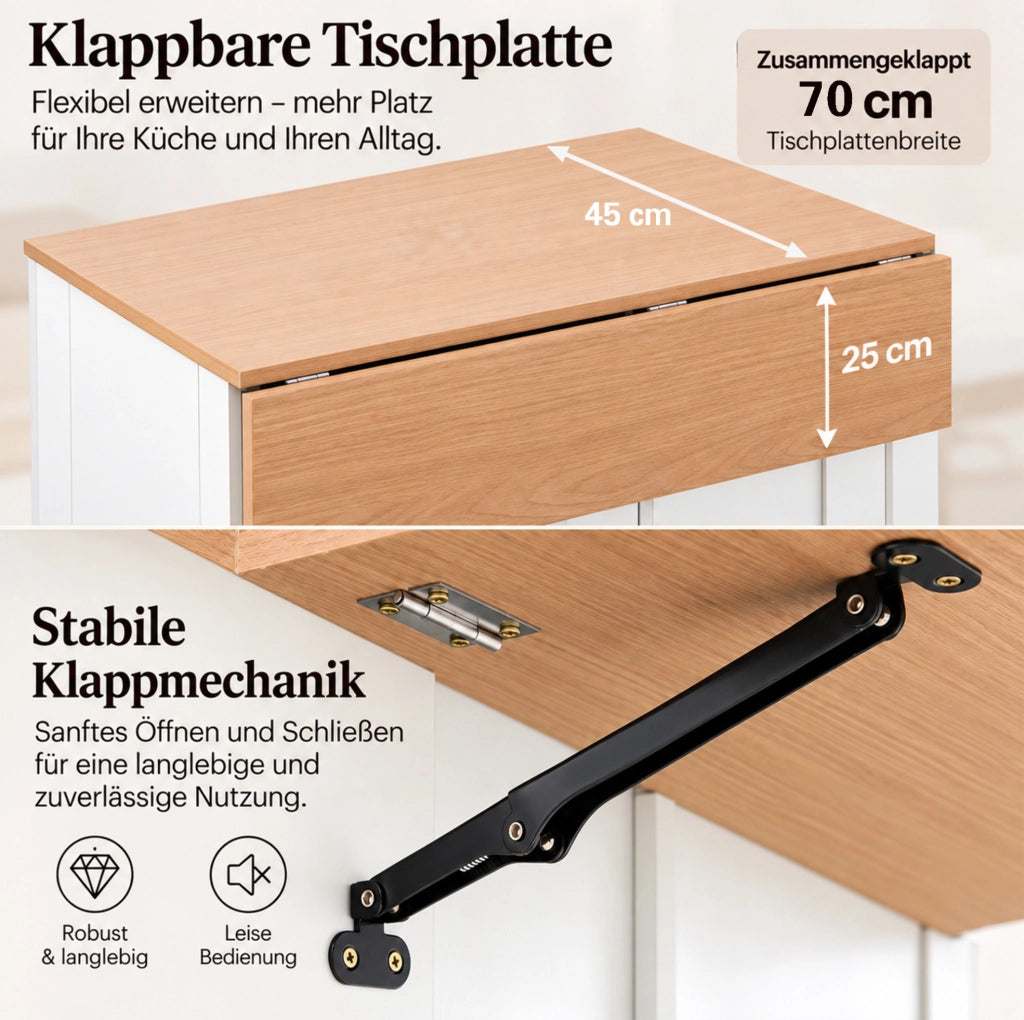 Isola cucina mobile 110 cm con piano di lavoro ribaltabile, carrello su ruote con 2 cassetti, ante in vetro, scaffale laterale e ampio spazio di stivaggio, bianco e naturale