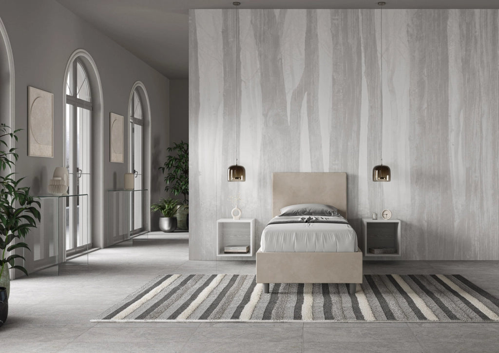 BS COM Letto singolo con rete imbottito 90x210 microfibra sabbia