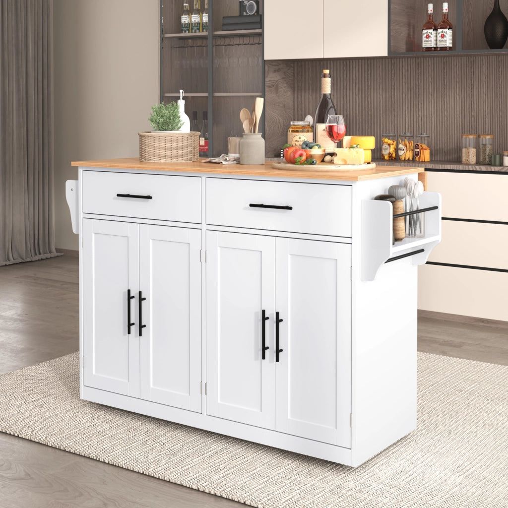 Carrello da cucina con piano ribaltabile quattro ante due cassetti e ruote bianco e naturale