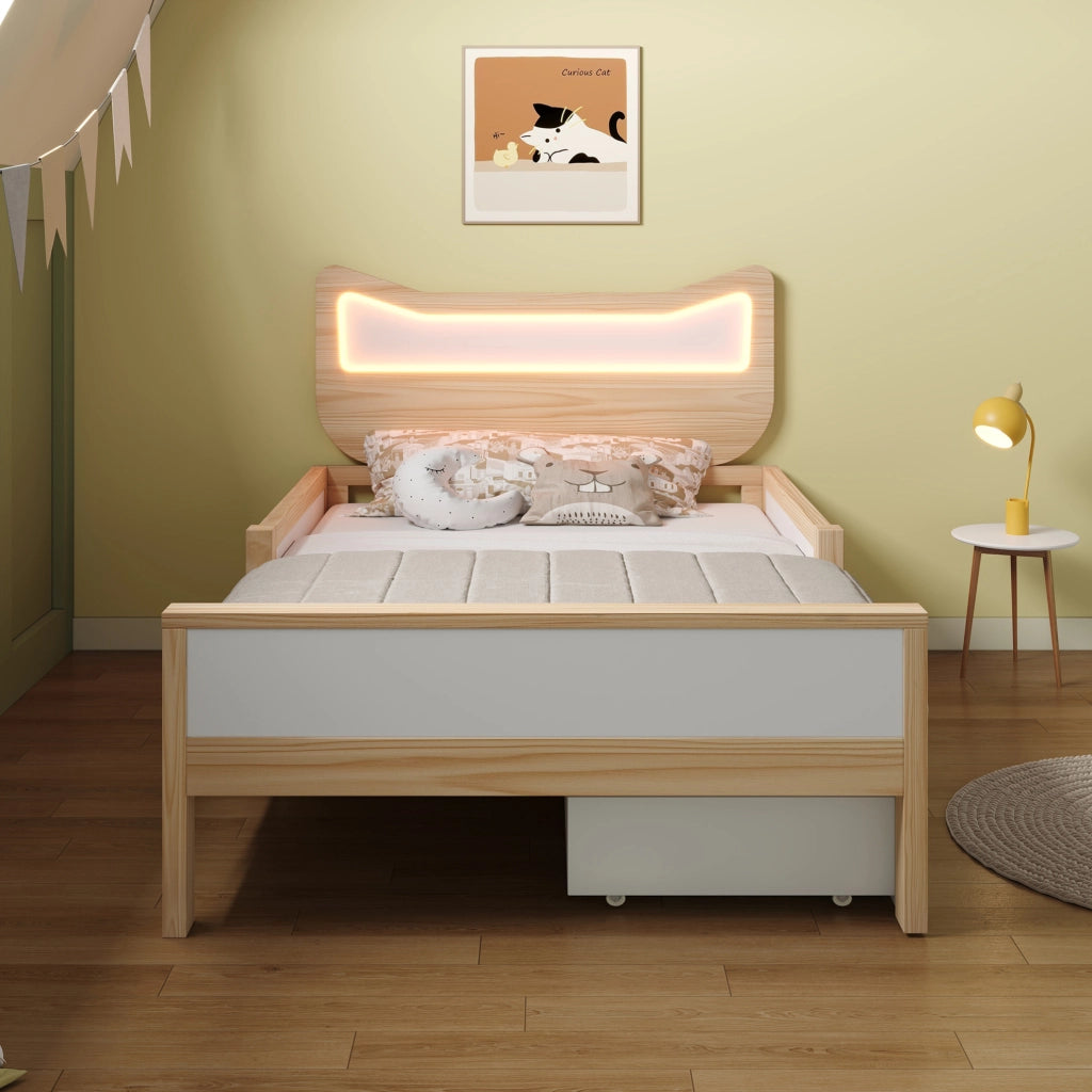 Letto per bambini 90x190 cm con testiera a orecchie di gatto, illuminazione LED RGB, doghe e cassetto flessibile montabile a sinistra o destra, bianco e rovere, senza materasso