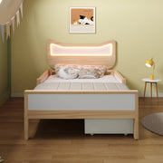 Letto per bambini 90x190 cm con testiera a orecchie di gatto, illuminazione LED RGB, doghe e cassetto flessibile montabile a sinistra o destra, bianco e rovere, senza materasso