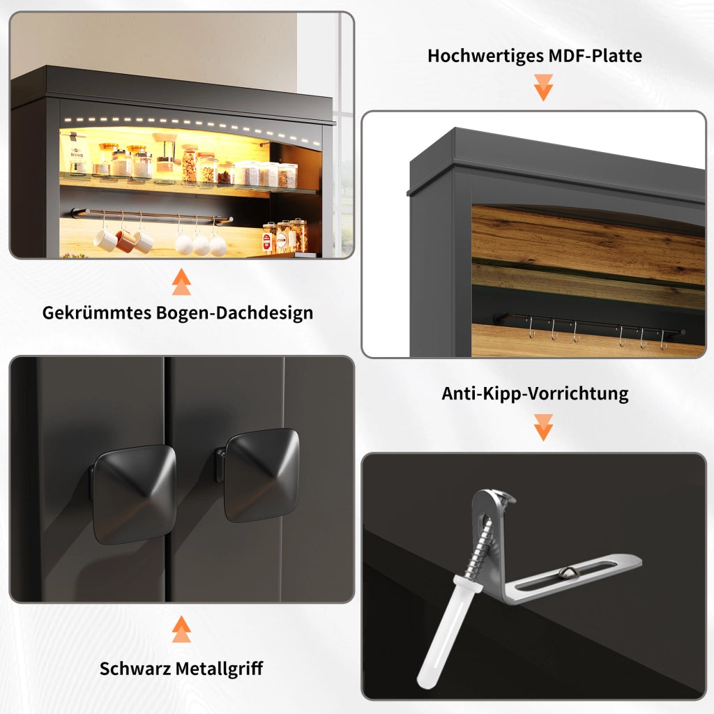 Credenza da cucina alta con ripiani LED, 2 ante e 6 ganci, per cucina e soggiorno, nera, 107 × 43 × 184 cm