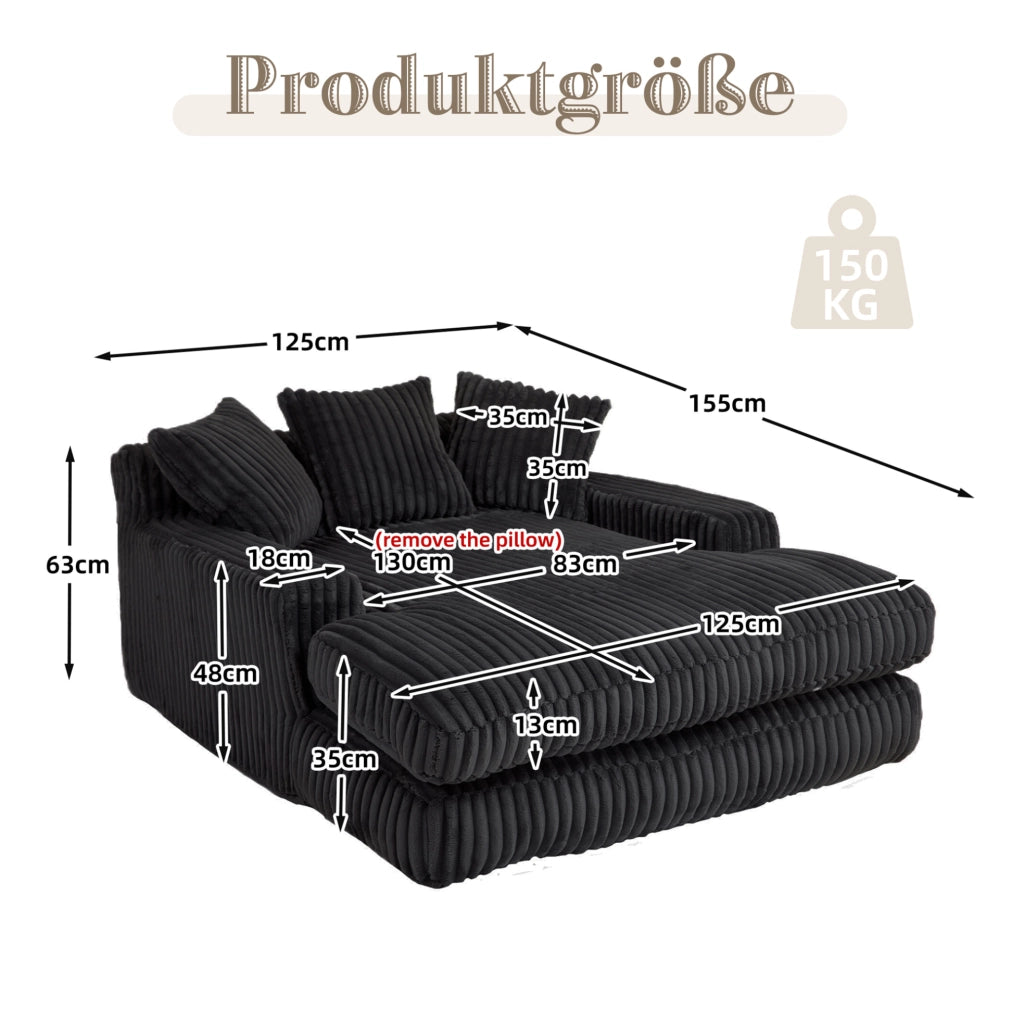 Chaise longue in corduroy 125x155x63 cm con 3 cuscini; nero