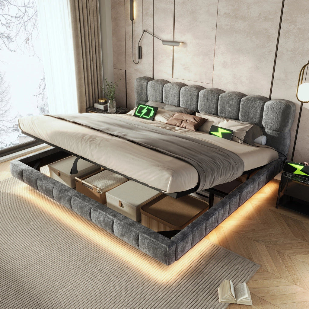 Letto imbottito 180x200 cm con contenitore, LED e USB, rivestimento in ciniglia grigio