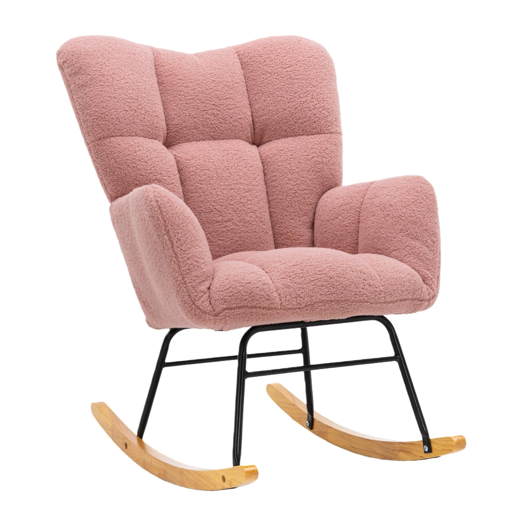 Sedia a dondolo in tessuto teddy con schienale alto e braccioli imbottiti; rosa