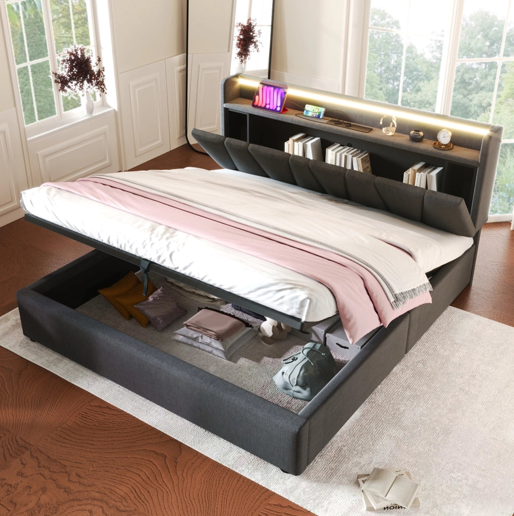 Letto matrimoniale imbottito 140x190 cm con contenitore; LED e prese USB; grigio