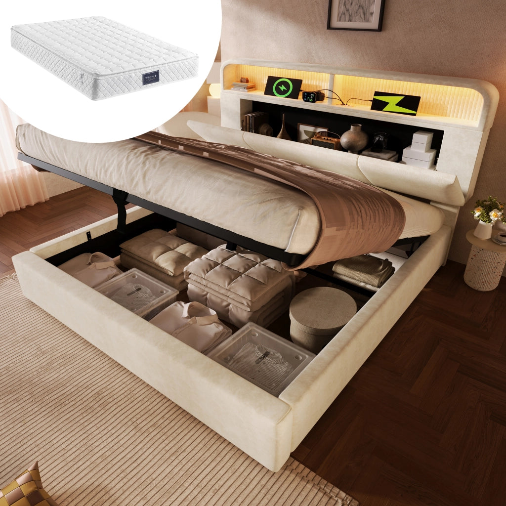 Letto Imbottito 140x200 cm Beige con Materasso H3; Contenitore Idraulico; LED e USB Type-C