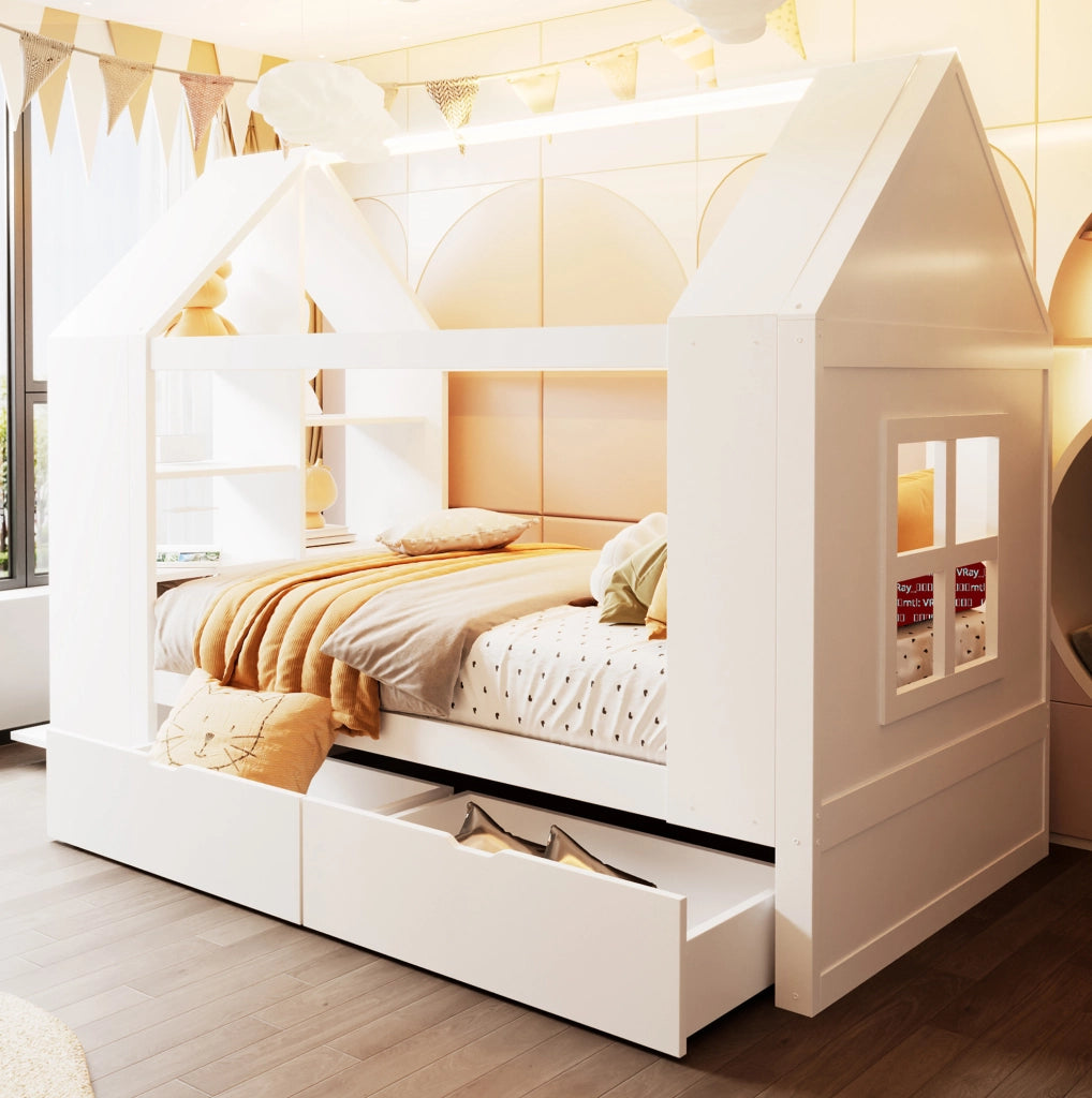 Letto a casetta per bambini 90x200 cm bianco con LED e cassetti